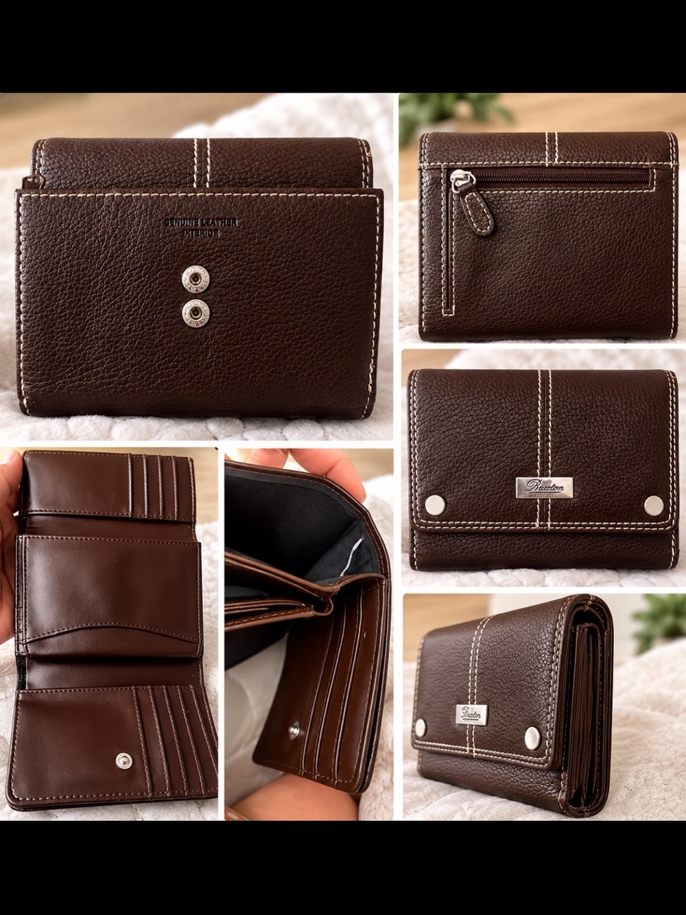 Burton Dark Brown Leather Trifold Wallet with Contrast Stitching